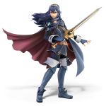  1girl 3d absurdres belt blue_eyes blue_hair boots cape cuffs emblem falchion_(fire_emblem) fingerless_gloves fire_emblem fire_emblem:_kakusei fire_emblem_heroes full_body gloves highres intelligent_systems long_hair lucina nintendo sheath super_smash_bros. super_smash_bros._ultimate sword symbol-shaped_pupils thigh-highs thigh_boots tiara transparent_background weapon 