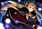  1girl black_cape black_dress blonde_hair blurry bow breasts cape cape_lift commentary_request depth_of_field dress earrings ereshkigal_(fate/grand_order) fate/grand_order fate_(series) hair_bow hair_ribbon hand_on_hip jewelry kloah large_breasts long_hair red_eyes ribbon single_sleeve skull smile tiara twintails upper_body 
