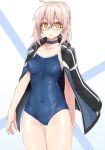  1girl :o absurdres ahoge arms_at_sides artoria_pendragon_(all) bangs black-framed_eyewear black_jacket blonde_hair blue_choker blue_swimsuit blush braid breasts choker collarbone commentary_request competition_school_swimsuit cowboy_shot erect_nipples eyebrows_visible_through_hair fate/grand_order fate_(series) french_braid glasses gluteal_fold hair_between_eyes highres jacket jacket_on_shoulders long_sleeves looking_at_viewer medium_breasts mysterious_heroine_x_(alter) one-piece_swimsuit open_clothes open_jacket open_mouth open_track_jacket perky_breasts school_swimsuit semi-rimless_eyewear shunichi sidelocks solo standing swimsuit thighs under-rim_eyewear yellow_eyes 