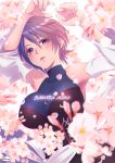  1girl aqua_(kingdom_hearts) bangs bare_shoulders blue_eyes blue_hair blush breasts character_name cherry_blossoms chromatic_aberration collarbone detached_sleeves fingernails flower hair_between_eyes kingdom_hearts kingdom_hearts_birth_by_sleep large_breasts long_sleeves open_mouth pink_flower short_hair solo tamaki_(tmk-poison) turtleneck wide_sleeves 