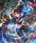  1girl artist_request black_hair breasts brown_eyes cleavage clenched_hand cygames dei_secret_agent gloves glowing grin jacket jacket_on_shoulders leather leather_gloves leather_jacket leather_pants light_trail long_hair magic midriff navel official_art pants shadowverse smile solo 