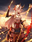  1girl absurdres armor bow_(weapon) breasts fate/grand_order fate_(series) foka_(beginner) hair_between_eyes headband highres holding holding_bow_(weapon) holding_weapon horns japanese_armor japanese_clothes kusazuri oni oni_horns open_mouth red_eyes slit_pupils sode solo tomoe_gozen_(fate/grand_order) weapon white_hair 