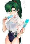  1girl bangs blue_swimsuit blush breasts covered_navel earrings eating fire_emblem fire_emblem:_rekka_no_ken food green_eyes green_hair high_ponytail hips jewelry large_breasts long_hair looking_at_viewer lyndis_(fire_emblem) one-piece_swimsuit ormille ponytail popsicle scrunchie shirt simple_background solo swimsuit swimsuit_under_clothes tied_shirt white_background white_shirt 