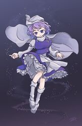  1girl bloomers cape full_body hat highres kurashiki_nanka lavender_hair letty_whiterock long_sleeves looking_at_viewer short_hair solo sparkle touhou underwear vest violet_eyes 