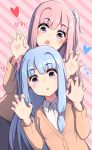  2girls bangs blue_hair blue_scrunchie blush brown_cardigan cardigan collared_shirt d: eyebrows_visible_through_hair gao hair_ornament hair_scrunchie hands_up heart kotonoha_akane kotonoha_aoi long_hair long_sleeves looking_at_viewer multiple_girls one_side_up open_mouth outline paingumi pink_background pink_eyes pink_hair pink_scrunchie scrunchie shirt siblings sisters striped striped_background sweat translated voiceroid white_outline white_shirt 