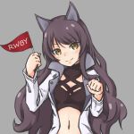  1girl animal_ears bangs black_hair blake_belladonna blush breasts cat_ears copyright_name crop_top eyebrows_visible_through_hair flag floating_hair grey_background head_tilt holding holding_flag jacket long_hair midriff navel open_clothes open_jacket riruhasu_(sesu_n) rwby simple_background small_breasts smile solo stomach upper_body very_long_hair white_jacket yellow_eyes 