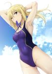  1girl ahoge akita_hika armpits arms_behind_head arms_up artoria_pendragon_(all) bangs bare_shoulders blonde_hair blue_ribbon blue_sky blue_swimsuit breasts closed_mouth collarbone covered_navel fate/stay_night fate_(series) green_eyes hair_between_eyes hips long_hair mouth_hold one-piece_swimsuit outdoors ribbon saber sky small_breasts solo swimsuit thighs tying_hair waist 