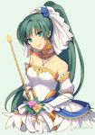  1girl bare_shoulders bouquet bride dress fire_emblem fire_emblem:_rekka_no_ken fire_emblem_heroes flower gloves green_eyes green_hair hair_flower hair_ornament high_ponytail long_hair looking_at_viewer lyndis_(fire_emblem) ponytail simple_background smile solo strapless strapless_dress wedding wedding_dress white_gloves wusagi2 