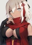  1girl breasts cleavage closed_mouth dark_skin detached_sleeves eyebrows_visible_through_hair fate/grand_order fate_(series) grey_eyes hair_ornament hand_up haoni large_breasts okita_souji_alter_(fate) red_scarf scarf short_hair simple_background solo underbust upper_body white_hair 