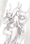  3girls animal_ears arm_up ass bare_back bare_shoulders bunny_girl bunny_tail bunnysuit commentary detached_collar elin_(tera) fishnet_pantyhose fishnets high_heels leg_lift leotard long_hair looking_back monochrome multiple_girls ochrejelly pantyhose pout rabbit_ears shoes sketch smile standing standing_on_one_leg strapless strapless_leotard tail tera_online v 