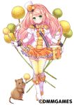  1girl boots braid character_request closed_mouth conductor drum epaulettes flower_knight_girl frills full_body gloves green_eyes hat holding holding_wand instrument knee_boots long_hair looking_at_viewer official_art orange_skirt pink_hair pleated_skirt print_legwear shako_cap shouni_(sato3) simple_background skirt smile solo standing thigh-highs treble_clef uniform wand white_background white_footwear white_gloves yellow_legwear 