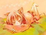  1girl :&lt; animal_ears bare_legs barefoot blush_stickers braid brown_hair cat_ears cat_tail cheek_squash commentary_request feet_up highres long_hair long_sleeves looking_at_viewer lying mike_(nasimomoringo) miniskirt on_bed on_stomach original paw_print pink_shirt red_skirt shirt skirt sleeves_past_wrists slit_pupils solo striped_tail tail yellow_eyes 