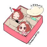  3girls :d blush brown_eyes brown_hair chibi closed_eyes commentary_request do_m_kaeru multiple_girls multiple_persona obentou okumura_haru open_mouth persona persona_5 pink_sweater ribbed_sweater short_hair sleeping smile sweater translated twitter_username 