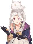  1girl bird blush cape dark_persona eating feh_(fire_emblem_heroes) female_my_unit_(fire_emblem:_kakusei) fire_emblem fire_emblem:_kakusei fire_emblem_heroes food gimurei gloves hood ichikei long_hair looking_at_viewer my_unit_(fire_emblem:_kakusei) open_mouth pudding red_eyes robe simple_background smile solo twintails white_hair 