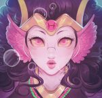  1girl big_hair black_hair bubble close-up diadem eyelashes face feferi_peixes gills head_fins highres homestuck jewelry lips looking_at_viewer necklace parted_lips pink_eyes pink_lips pisces solo wavy_hair yellow_sclera zv33 