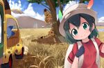  2girls :d ^_^ animal_ears backpack bag black_gloves blonde_hair blue_sky bow bowtie closed_eyes clouds commentary day elbow_gloves fang gloves grass green_eyes hat hat_feather high-waist_skirt japari_bus kaban_(kemono_friends) kemono_friends looking_at_viewer lucky_beast_(kemono_friends) makuran mountain multiple_girls open_mouth outdoors print_gloves print_legwear print_neckwear print_skirt red_shirt sandstar savannah serval_(kemono_friends) serval_ears serval_print serval_tail shirt short_hair skirt sky smile tail tree tree_shade white_hat 