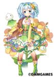  1girl aqua_eyes arm_warmers blue_hair blush boots bow_(weapon) breasts brown_legwear cleavage cleavage_cutout dress expressionless flower flower_knight_girl frills full_body green_dress green_footwear green_hairband hair_flower hair_ornament holding holding_bow_(weapon) holding_weapon knee_boots kneehighs looking_at_viewer object_namesake official_art short_hair shouni_(sato3) simple_background small_breasts solo standing suzuna_(flower_knight_girl) twintails weapon white_background 