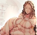  1girl bare_shoulders blue_eyes breasts brown_hair circlet cleavage dark_souls erect_nipples highres large_breasts long_hair lying mole mole_on_breast nakamura_regura on_side queen_of_sunlight_gwynevere smile solo souls_(from_software) veil 