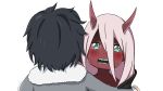  1boy 1girl black_cloak black_hair blush cloak coat commentary_request couple crying crying_with_eyes_open darling_in_the_franxx fur_trim green_eyes grey_coat hetero highres hiro_(darling_in_the_franxx) hood hooded_cloak horns hug long_hair looking_at_viewer oni_horns open_mouth parka pink_hair red_horns red_pupils red_sclera red_skin sharp_teeth short_hair signature spoilers tears teeth winter_clothes winter_coat xiaoying_yuan younger zero_two_(darling_in_the_franxx) 