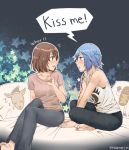  2girls assertive barefoot bed blue_eyes blue_hair brown_hair chloe_price commentary_request denim english green_eyes jeans life_is_strange max_caulfield multiple_girls nail_polish pants pillow sayuka shirt tank_top tattoo yuri 