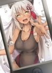  1girl :d black_legwear black_swimsuit breasts cellphone cleavage collarbone commentary_request dark_skin eyebrows_visible_through_hair fate/grand_order fate_(series) grey_hair hair_between_eyes long_hair looking_at_viewer majin_saber medium_breasts nakatokung okita_souji_alter_(fate) one-piece_swimsuit open_mouth outstretched_arm phone smile solo splashing swimsuit thigh-highs very_long_hair water_drop yellow_eyes 
