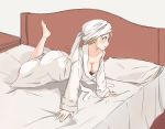  1girl all_fours bed bed_sheet bedroom blonde_hair breasts cleavage collarbone dabaizhao full_body green_eyes highres indoors kantai_collection pillow prinz_eugen_(kantai_collection) short_hair sketch solo 