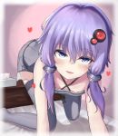  1girl :d absurdres all_fours bangs bare_shoulders bed_sheet blue_eyes blush collarbone dress eyebrows_visible_through_hair grey_dress grey_legwear hair_between_eyes hair_ornament halterneck heart highres looking_at_viewer low_twintails medium_hair open_mouth paingumi purple_hair shadow short_dress smile solo sweat teeth thigh-highs tissue tissue_box twintails vocaloid voiceroid yuzuki_yukari 