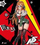  1girl absurdres arm_up black_footwear black_legwear black_shorts blue_eyes boots brown_hair coat commentary_request copyright_name glasses green_coat hand_on_own_face headphones highres jiujiuyatou_(yayanzz) knee_boots long_hair persona persona_5 sakura_futaba short_shorts shorts smile solo tank_top thigh-highs 