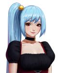  1girl bangs black_choker black_dress blue_hair carlo_montie choker dress eyebrows_visible_through_hair hair_bobbles hair_ornament lips long_hair looking_at_viewer naruto oc original original_character puffy_short_sleeves puffy_sleeves red_eyes short_sleeves side_ponytail smile solo underbust upper_body very_long_hair white_background 