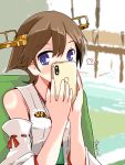  1girl blush brown_hair cellphone covering_face detached_sleeves headgear hiei_(kantai_collection) indoors kanoe_soushi kantai_collection looking_at_viewer nontraditional_miko phone ribbon-trimmed_sleeves ribbon_trim short_hair solo spoken_blush twitter_username upper_body violet_eyes 