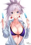  1girl absurdres anza_tomo bikini_top blue_eyes breasts cleavage commentary_request earrings fate/grand_order fate_(series) food grin highres holding hood hoodie jewelry large_breasts miyamoto_musashi_(fate/grand_order) navel pink_hair popsicle shirt smile solo stomach upper_body 