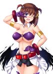  1girl ;d agito_(nanoha) agito_(nanoha)_(cosplay) armlet bandeau belt blue_eyes blush breasts cleavage collarbone commentary_request cosplay eyebrows_visible_through_hair gloves hand_on_own_chest large_breasts looking_at_viewer lyrical_nanoha magical_girl midriff navel o-ring one_eye_closed open_mouth panties purple_gloves purple_panties shiny shiny_hair shiny_skin short_hair short_twintails simple_background skirt smile solo standing thigh-highs thong twintails under_boob underwear utanone_shion v v_over_eye white_background yagami_hayate 