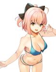  1girl ahoge bikini black_bow blue_bikini bow breasts cleavage fate/grand_order fate_(series) hair_bow half_updo koha-ace looking_at_viewer medium_breasts navel okita_souji_(fate) outstretched_arm pink_hair shovelwell simple_background smile solo swimsuit v_over_eye white_background yellow_eyes 