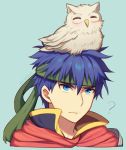  1boy 1other ? angry bird blue_eyes blue_hair cape confused feh_(fire_emblem_heroes) fire_emblem fire_emblem:_souen_no_kiseki fire_emblem_heroes headband human ike intelligent_systems long_hair male_focus nintendo owl short_hair simple_background smile solo wusagi2 
