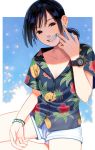  1girl black_hair bracelet braces commentary_request hawaiian_shirt highres jewelry nail_polish nashigaya_koyomi open_mouth original shirt short_ponytail shorts smile solo sunglasses watch watch 