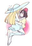  2girls beanie black_hair blonde_hair chorimokki dress hat lillie_(pokemon) long_hair mizuki_(pokemon) multiple_girls open_mouth pokemon pokemon_(game) pokemon_sm red_hat short_hair short_sleeves sitting sleeveless sleeveless_dress sun_hat white_dress white_hat yuri 