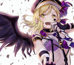  1girl :d armlet black_choker black_gloves black_nails blonde_hair bra choker confetti demon_wings elbow_gloves facial_mark fingerless_gloves gloves hat hat_feather hat_ribbon highres holding holding_microphone love_live! love_live!_sunshine!! medium_hair mia_(fai1510) microphone microphone_stand nail_polish necktie ohara_mari open_mouth outstretched_arm peaked_cap purple_bra purple_ribbon ribbon see-through smile solo star striped striped_gloves underwear upper_body upper_teeth v-shaped_eyebrows wings yellow_eyes 