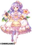 1girl bead_necklace beads bow dress flower flower_knight_girl frills full_body gauntlets hair_bow jewelry layered_dress long_hair looking_at_viewer mask necklace object_namesake official_art pantyhose pink_bow plumeria_(flower_knight_girl) purple_hair shoe_bow shoes shouni_(sato3) skirt_hold smile solo standing white_legwear yellow_eyes 
