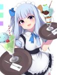  1girl :d apron bangs blue_hair blue_neckwear blue_ribbon bow bowtie breasts cherry cup dress drink drinking_glass drinking_straw eyebrows_visible_through_hair food frilled_apron frilled_dress frills fruit hair_ribbon highres holding ice_cream kotonoha_aoi light_blue_hair long_hair looking_at_viewer maid_apron maid_headdress medium_breasts napkin one_side_up open_mouth paingumi pink_eyes ribbon saucer short_sleeves smile solo spoon voiceroid white_apron white_background 