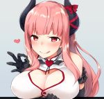  1girl bangs bare_shoulders black_gloves blush breasts buttons cleavage_cutout commentary demon_girl demon_horns dress elbow_gloves eve.ch eve_valerne gloves heart highres horns large_breasts licking_lips long_hair looking_at_viewer mikoto_kei pink_hair red_eyes sleeveless smile solo succubus tongue tongue_out virtual_youtuber white_dress 