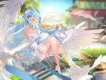  1girl bare_legs bare_shoulders barefoot bird blue_hair blush closed_eyes dress earrings elbow_gloves highres long_hair necklace project_fantasy solo tagme thighs wings 