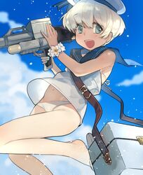  1girl bikini bikini_under_clothes blue_eyes blue_sky box clouds dress flower flower_bracelet gun hat kantai_collection looking_at_viewer open_mouth picube525528 sailor_dress sailor_hat short_hair sky smile solo swimsuit swimsuit_under_clothes weapon weapon_request white_bikini white_dress white_hat z1_leberecht_maass_(kantai_collection) 