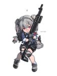  1girl backpack bag bandage_on_face black_gloves blush child full_body gloves grey_hair grey_ribbon gun hair_ribbon hairband highres holding holding_gun holding_weapon knee_pads looking_at_viewer mivit open_mouth original pink_eyes ribbon shoes short_hair short_twintails simple_background smile sneakers solo twintails weapon white_background 