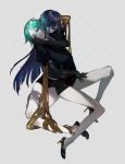  2others androgynous arm_around_waist bangs blue_eyes blue_hair blunt_bangs elbow_gloves evil_smile full_body gem_uniform_(houseki_no_kuni) gloves gold golden_arms green_eyes green_hair grey_background hair_over_one_eye hand_on_another&#039;s_face high_heels highres houseki_no_kuni hug lapis_lazuli_(houseki_no_kuni) long_hair looking_at_viewer lunch_(lunchicken) melting multiple_others phosphophyllite short_hair smile sparkle 