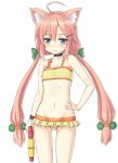  1girl ahoge animal_ears bikini blue_eyes blush cat_ears commentary_request flat_chest groin hair_bobbles hair_ornament hairclip hand_on_hip highres hinata_channel jd_(bibirijd) long_hair low_twintails lowleg lowleg_bikini navel nekomiya_hinata orange_bikini orange_swimsuit ribbon simple_background solo swimsuit twintails virtual_youtuber water_gun white_background 