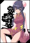  bangs bare_arms bare_legs bare_shoulders black_border blunt_bangs border braid breasts bun_cover china_dress chinese_clothes double_bun dress floral_background frame gundam gundam_00 hair_between_eyes large_breasts semikichi sitting twin_braids wang_liu_mei 