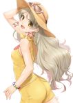  1girl adjusting_clothes adjusting_hat ass blush breasts commentary_request dress earrings green_eyes handa_roko hat idolmaster idolmaster_million_live! jewelry long_hair looking_at_viewer miri_(ago550421) open_mouth signature small_breasts smile solo yellow_dress yellow_eyes 