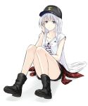  1girl aiu_eo alternate_costume azur_lane baseball_cap boots breasts clothes_around_waist collarbone contemporary enterprise_(azur_lane) expressionless full_body grey_eyes hand_in_hair hat knees_together_feet_apart long_hair looking_at_viewer shirt simple_background sitting small_breasts solo sweater_around_waist white_background white_hair 