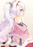  1girl azur_lane blush butt_crack from_behind gradient_hair highres laffey_(azur_lane) long_hair looking_at_viewer looking_back multicolored_hair off_shoulder panties parted_lips pink_eyes pink_hair profile shoulder_blades sitting sleepy solo strap_slip striped striped_panties thigh-highs tofu1601 twintails_day two-tone_hair underwear wariza white_hair white_legwear 