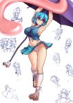  armpits arms_up bare_shoulders blue_eyes blue_hair blue_skirt breasts commentary gluteal_fold hater_(hatater) heterochromia highres kneehighs kochiya_sanae large_breasts midriff miniskirt navel open_mouth panties pantyshot red_eyes sandals short_hair simple_background skirt sleeveless tatara_kogasa toeless_legwear tongue touhou umbrella underwear white_background white_legwear white_panties 